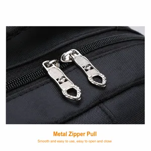 Detailed macro view of smooth silver metal zippers on a black laptop backpack fabric
