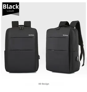 Detailed view of black business backpack showing stereoscopic shape and external USB port