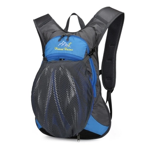 Mochila de ciclismo para exteriores en nylon gris y azul con red transpirable para casco