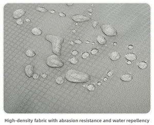 Macro shot of grey high-density twill fabric showing water-resistant droplet surface