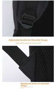 Detail of adjustable strap buckle and reinforced stitching on black business backpack