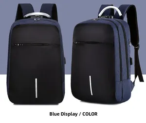 Blauer Business-Laptop-Rucksack mit USB-Ladeanschluss und Kopfhörerbuchse seitlich