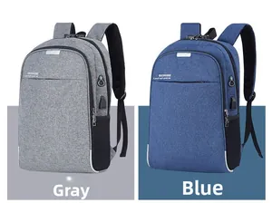 Détail de sacs à dos business gris et bleus avec antivol et ports de chargement USB intégrés