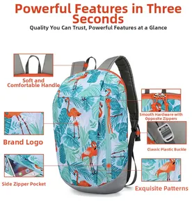 Detail view of flamingo print backpack showing straps, zippers, and buckles