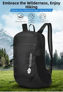 Detail of black lightweight hiking backpack with breathable mesh straps and VANAHEIMR logo