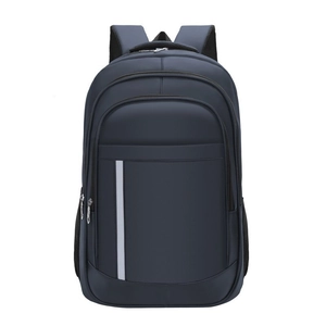 Minimalist navy blue laptop backpack with multi-zipper compartments and safety reflective strips