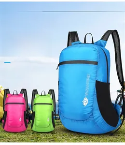 Detail showing various colors of lightweight waterproof outdoor travel backpacks with mesh straps