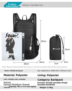 Detailed view showing the foldable backpack dimensions and its compact storage size