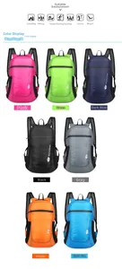 Detailed view of lightweight folding backpacks in seven vibrant colors for hiking