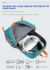 Détail du sac à dos pliable bleu lac avec compartiment pour ordinateur 15,6 pouces et poches