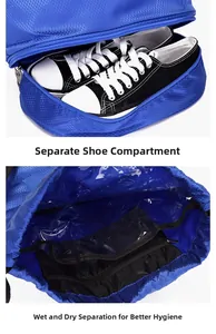 Détail du sac de sport montrant le compartiment à chaussures et la séparation sec humide