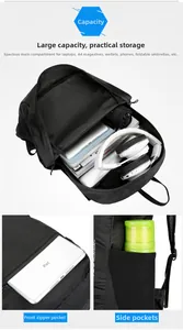 Detail view of large capacity black travel backpack showing interior laptop compartment