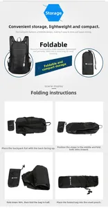 Macro detail showing folding steps and storage pouch for black lightweight travel backpack