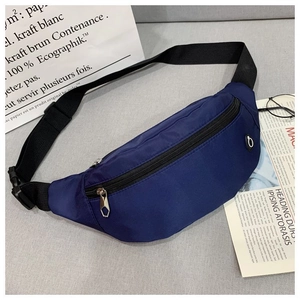 Vue détaillée du sac banane en nylon bleu marine avec port casque et curseur argenté