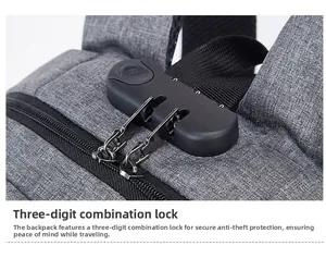 Détail du cadenas de sécurité à trois chiffres sur ce sac à dos d'affaires gris