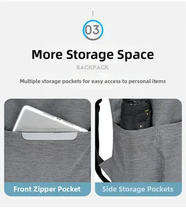 Détail du sac à dos réfléchissant montrant poche avant pour tablette et poche latérale