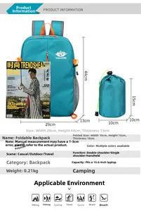 Sac à dos de randonnée vert pliable montrant la taille pliée et dépliée en détail