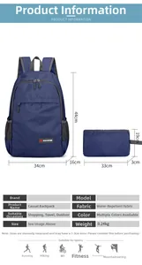 Detail view of water-resistant foldable backpack with storage pouch and dimensions