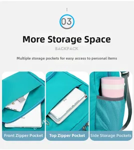 Détail du sac à dos pliable sarcelle montrant le compartiment et la poche filet
