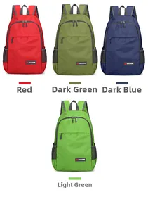 Collapsible outdoor backpacks in red, dark green, dark blue, and light green colors
