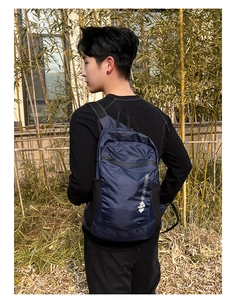 Detail of navy blue foldable nylon backpack showing VANAHEIMR logo in outdoor setting