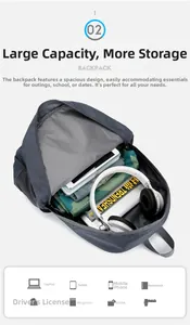 Zaino grigio scuro impermeabile con ampio scomparto principale per laptop e oggetti