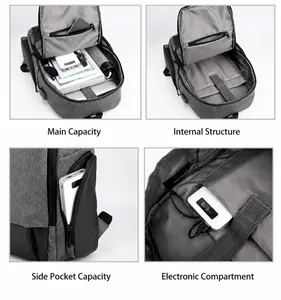 Detailed grid view of grey business backpack showing large capacity and USB port