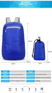 Water-repellent folding outdoor backpack showing 44x28x19cm size and 14x9x3cm storage
