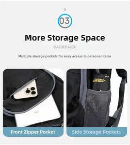 Detail of travel backpack storage with front zipper pocket and mesh side compartment