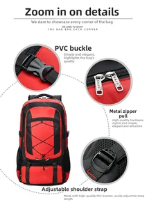 Detail view of red hiking backpack featuring PVC buckles, metal zippers and adjustable straps