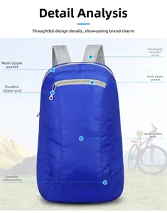 Detail of dark blue foldable backpack with breathable mesh straps and waterproof nylon