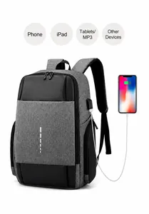 Detail of laptop backpack with external USB charging port and sleek side connectivity