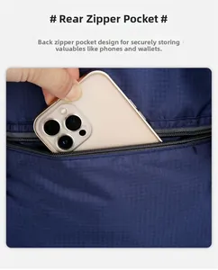 Close-up of blue foldable backpack featuring a hidden anti-theft back zipper pocket