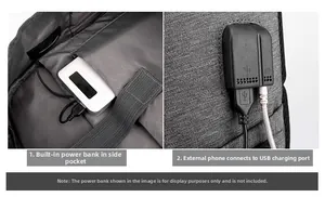 Detail of integrated USB charging port and headphone jack on gray fabric business backpack