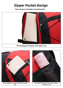 Detail view of red and black outdoor backpack showing front pockets and side mesh water bottle holder