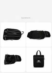 Detail showing the four-step process to fold the lightweight black travel backpack into a pouch
