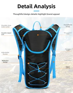Close-up detail of blue hydration backpack for outdoor cycling and mountain biking