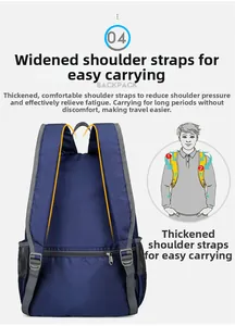 Detail of adjustable padded shoulder straps and side mesh pocket on blue backpack