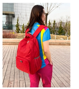 Vue détaillée d'un grand sac à dos pliable rouge avec poches filet pour voyage en plein air