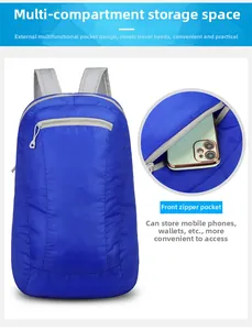 Detail of front zipper pocket on blue foldable backpack with honeycomb ripstop nylon