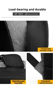 Detail of reinforced stress points, sturdy handle, and breathable mesh shoulder straps