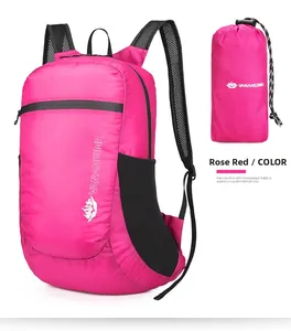 Rose red foldable backpack showing the expanded view and compact folded storage bag