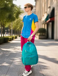 Detail view of teal outdoor backpack with large capacity pockets and zipper sections