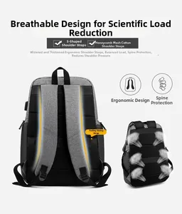 Ergonomic backpack back panel with S-shaped straps, mesh padding and luggage strap