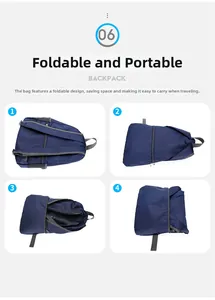 Four-step demonstration showing how to fold the lightweight dark blue travel backpack