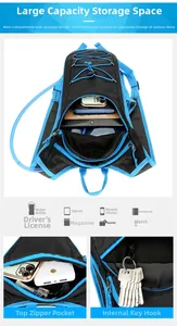 Detail view of multi-compartment storage system in a blue outdoor hydration backpack