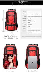 Detailed size specifications for red and black large 40x22x63cm outdoor hiking backpack