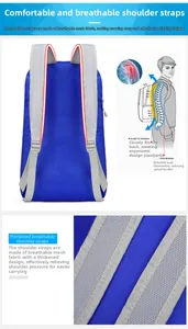 Detail view of breathable grey mesh straps and ergonomic support system of blue foldable backpack
