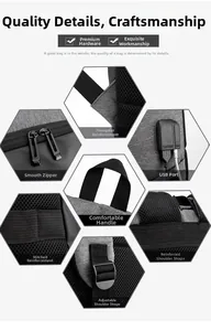 Detail view of laptop backpack featuring USB port, reinforced stitching, and breathable mesh