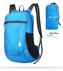 Light blue lightweight foldable travel backpack with mesh straps and storage pouch